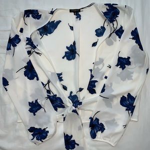White and Blue Floral Shall with Front Tie